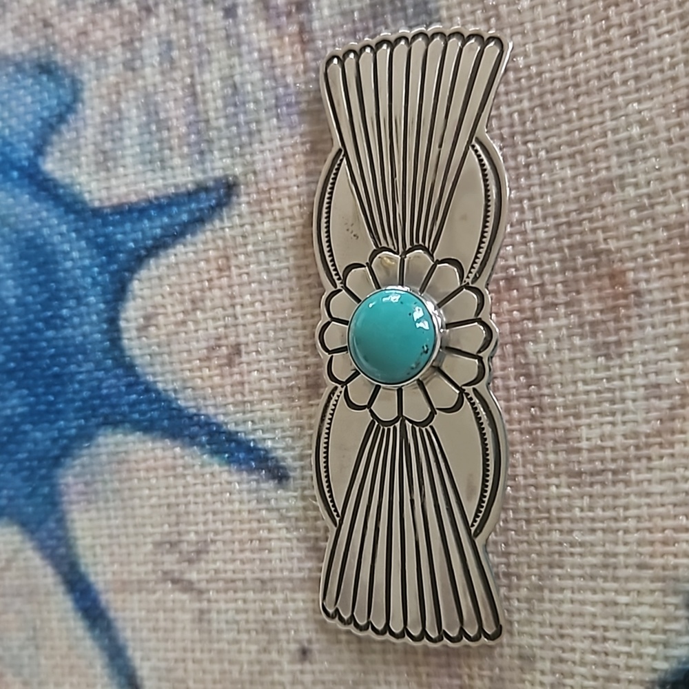 Vintage Sterling Silver & Turquoise Concho Bow Brooch